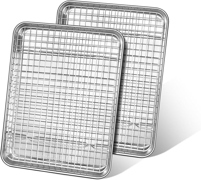 Quarter Sheet Pan with Cooling Rack, Leonyo 1/4 Cookie Sheets for Baking, Wire Rack for Cooking, Nonstick & Stainless Steel Baking Tray for Toaster Oven, Bacon - Size 12.5"x 9.7", 2 Trays + 2 Racks