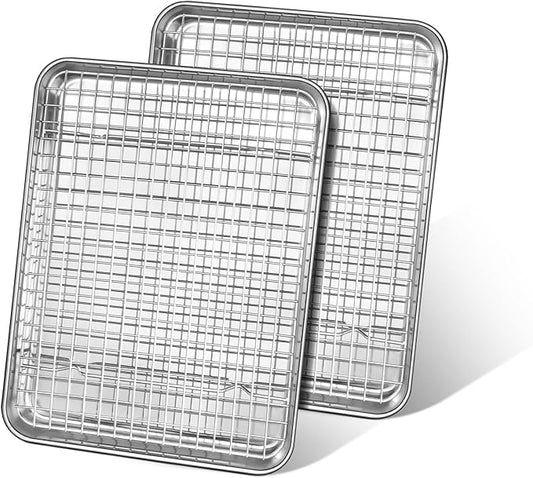 Quarter Sheet Pan with Cooling Rack, Leonyo 1/4 Cookie Sheets for Baking, Wire Rack for Cooking, Nonstick & Stainless Steel Baking Tray for Toaster Oven, Bacon - Size 12.5"x 9.7", 2 Trays + 2 Racks