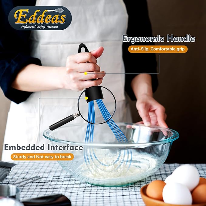 Silicone Whisk, Whisk Non Scratch Whisk for Cooking, 5+7+9+11in Balloon Whisk, Suitable for Mixing, Blending. 11in Flat Whisk great for Ceramic Coated pans and Wider shallower pots. (Blue)