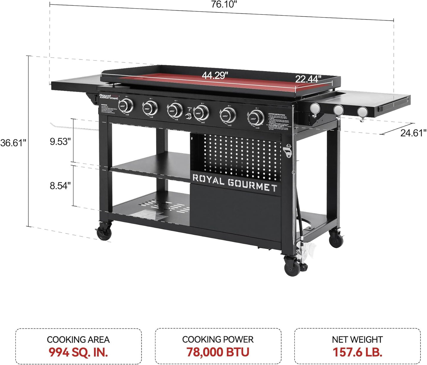Royal Gourmet GB6000 6 Burner Propane Gas Griddle with Folding Side Tables, 44-Inch Flat Top Grill with Double-Layer Bottom Shelves for Outdoor Party or Backyard Barbecue, Black