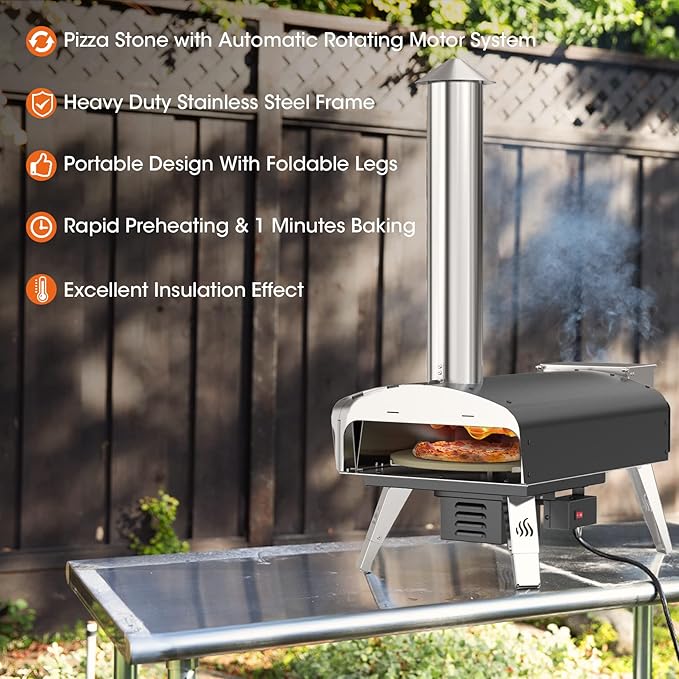 Outdoor Pizza Oven Wood Pellet Fired Pizza Stove with Automatic Rotating System, Pizza Stone, Pizza Peel and Carry Bag (Tisserie W-Oven Series) - Global Patent