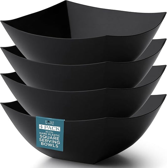 Posh Setting - Black Plastic Serving Bowls (16oz - 4 Pack) Square, Disposable, Salad & Fruit Bowls for Party Table, Candy Containers for Candy Buffet