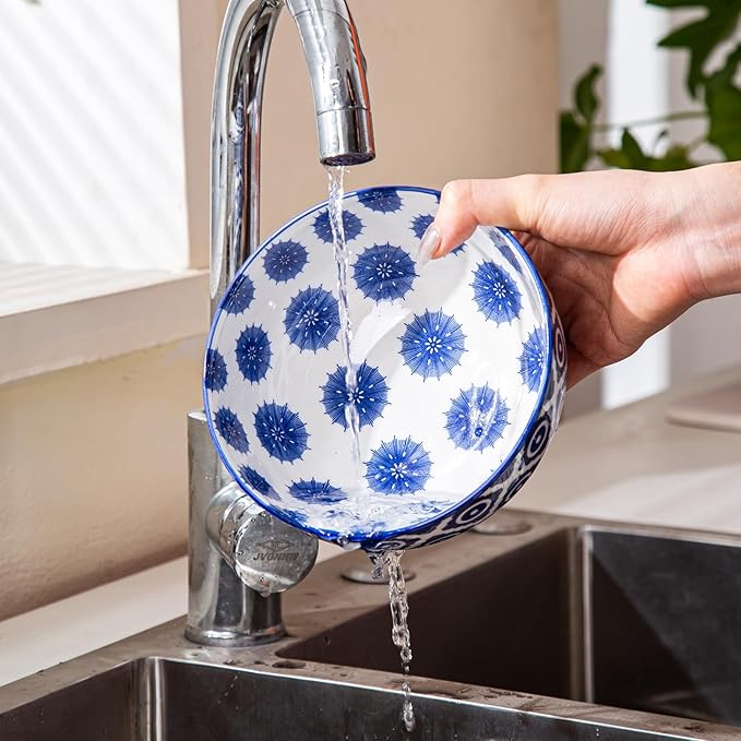 Ceramic Soup Bowls Set - 23 Oz Deep Cereal Bowl for kitchen - 6 Inch Porcelain Salad Bowl for Pasta, Dessert, Ramen - Microwave Dishwasher Safe - Set of 6 - Vintage Blue