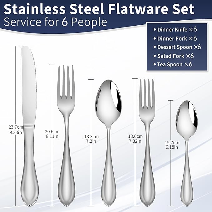 30 Pieces 18/10 Stainless Steel Flatware for 6, Heavy Duty Silverware Set, Forged Thick Kitchen Silverware, Dishwasher Safe, Ideal for Gift