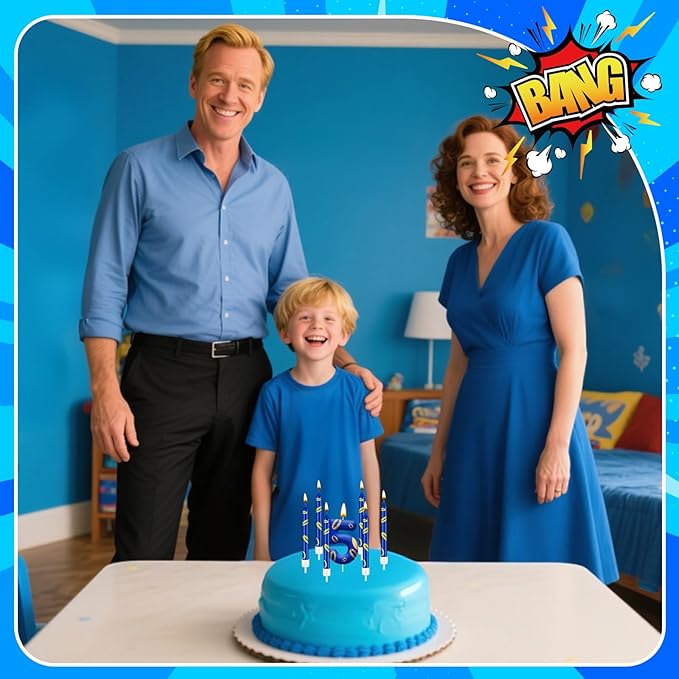 13PCS Birthday Cake Candles Set - Blue and Golden Ring Number Candles with Vibrant Designs for Boys & Girls, Theme Birthday Party Decorations, Cake Toppers for Theme Parties(Number 5)
