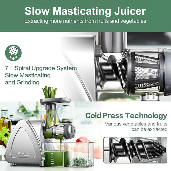 Juicer Machine, Aobosi Slow Masticating Juicers, Cold Press Juicer Machines with Reverse Function, Quiet Motor, High Juice Yield with Juice Jug & Brush for Cleaning (Gray)