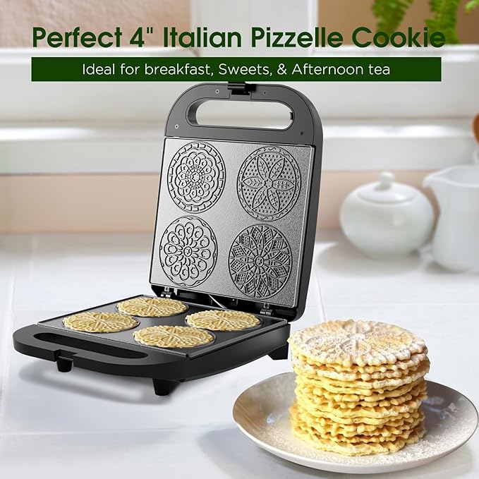 Pizzelle Maker Machine, Mini Non-stick Electric Pizzelle Cookie Baker for Holiday, Party, Treat (Ceramic Coating, 4 * 4")