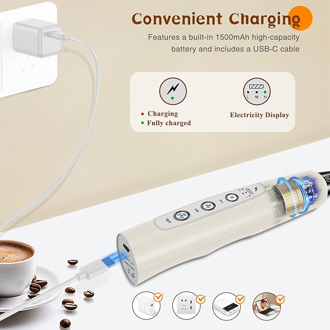 Milk Frother Handheld Rechargeable, Frother Wand Drink Mixer Electric Whisk for Coffee, Detachable With 3 Stainless Whisks, Hand Mixer for Lattes, Cappuccino, Matcha, Egg, No Stand, Beige