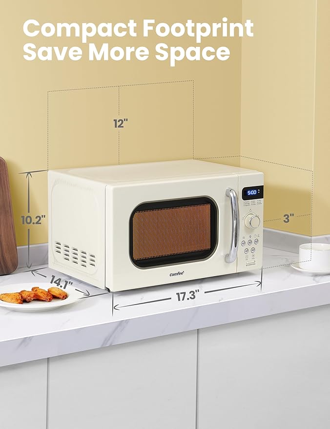 COMFEE' Retro Small Microwave Oven With Compact Size, 9 Preset Menus, Position-Memory Turntable, Mute Function, Countertop Perfect For Spaces, 0.7 Cu Ft/700W, Cream, AM720C2RA-A