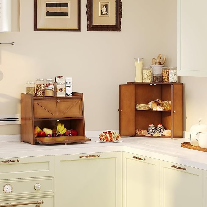 Vintage Double Layer Bread Box for Kitchen Counter Bamboo Bread Storage Container Large Capacity Bread Storage Bin