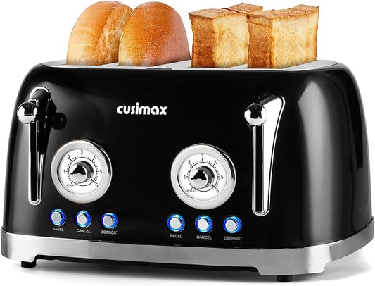 CUSIMAX Retro 4-Slice Toaster with Wide Slots, Stainless Steel, 6 Toast Settings, Bagel, Cancel, Defrost & Reheat Functions, Dual Independent Control Panels, Black