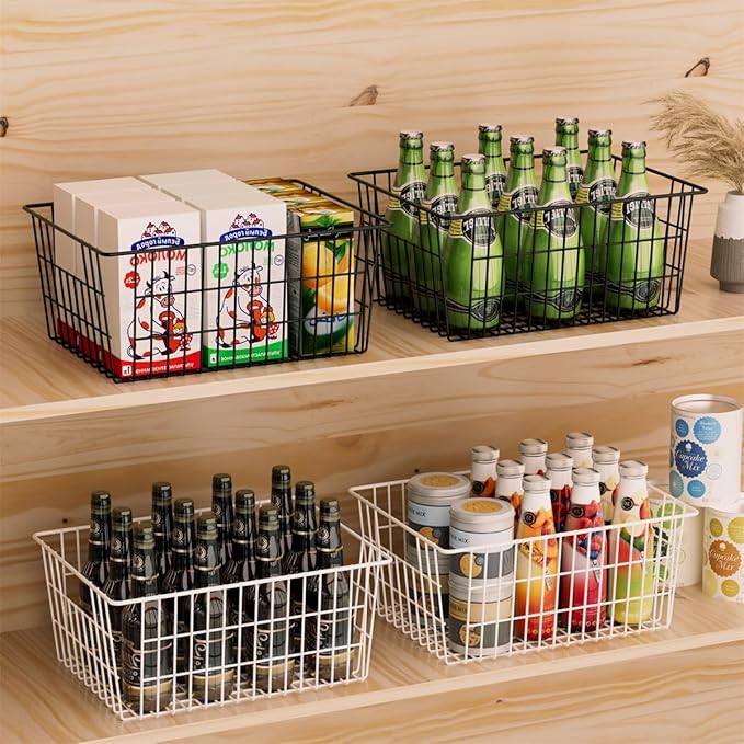 SANNO Freezer Baskets Metal Storage Organizer Bin Basket Wire Storage Basket for Kitchen Pantry Bathroom Large Metal Farmhouse Food Fruit Produce Organizer Bins,black,2