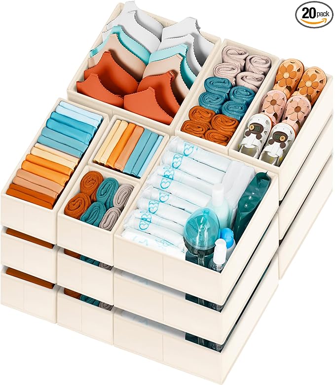 Criusia Drawer Organizer Clothes, 20 Pack Dresser Organizer Bins for Nursery Bedroom, Closet Organization and Storage Dividers for Clothing, Baby Clothes, Underwears, Socks (Beige)