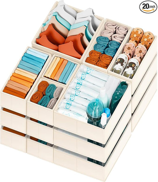 Criusia Drawer Organizer Clothes, 20 Pack Dresser Organizer Bins for Nursery Bedroom, Closet Organization and Storage Dividers for Clothing, Baby Clothes, Underwears, Socks (Beige)