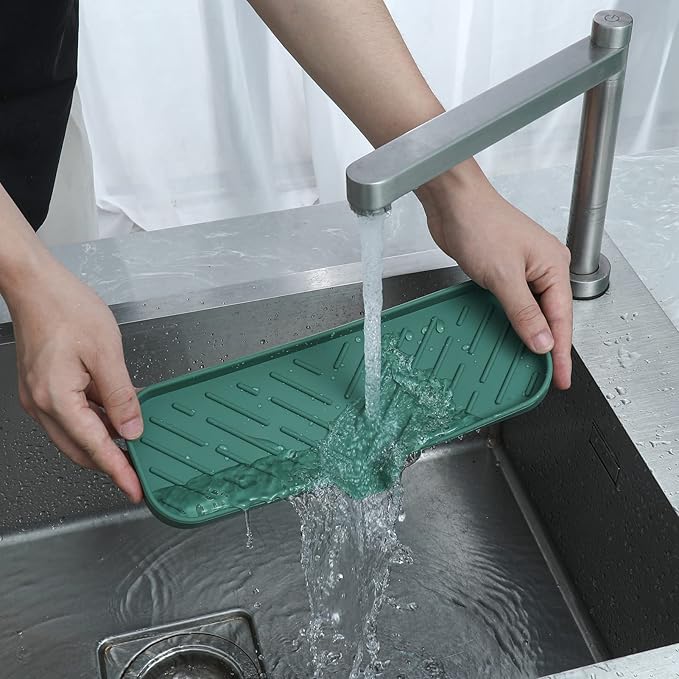 Silicone Bathroom Soap Dishes with Drain Spout-Bathroom and Kitchen Sink Organizer,Sponge Holder,Dish Soap Tray,Perfect for Dispenser,Scrubber,Bottle,Cup on Sink or Counter-Green 12"×4"