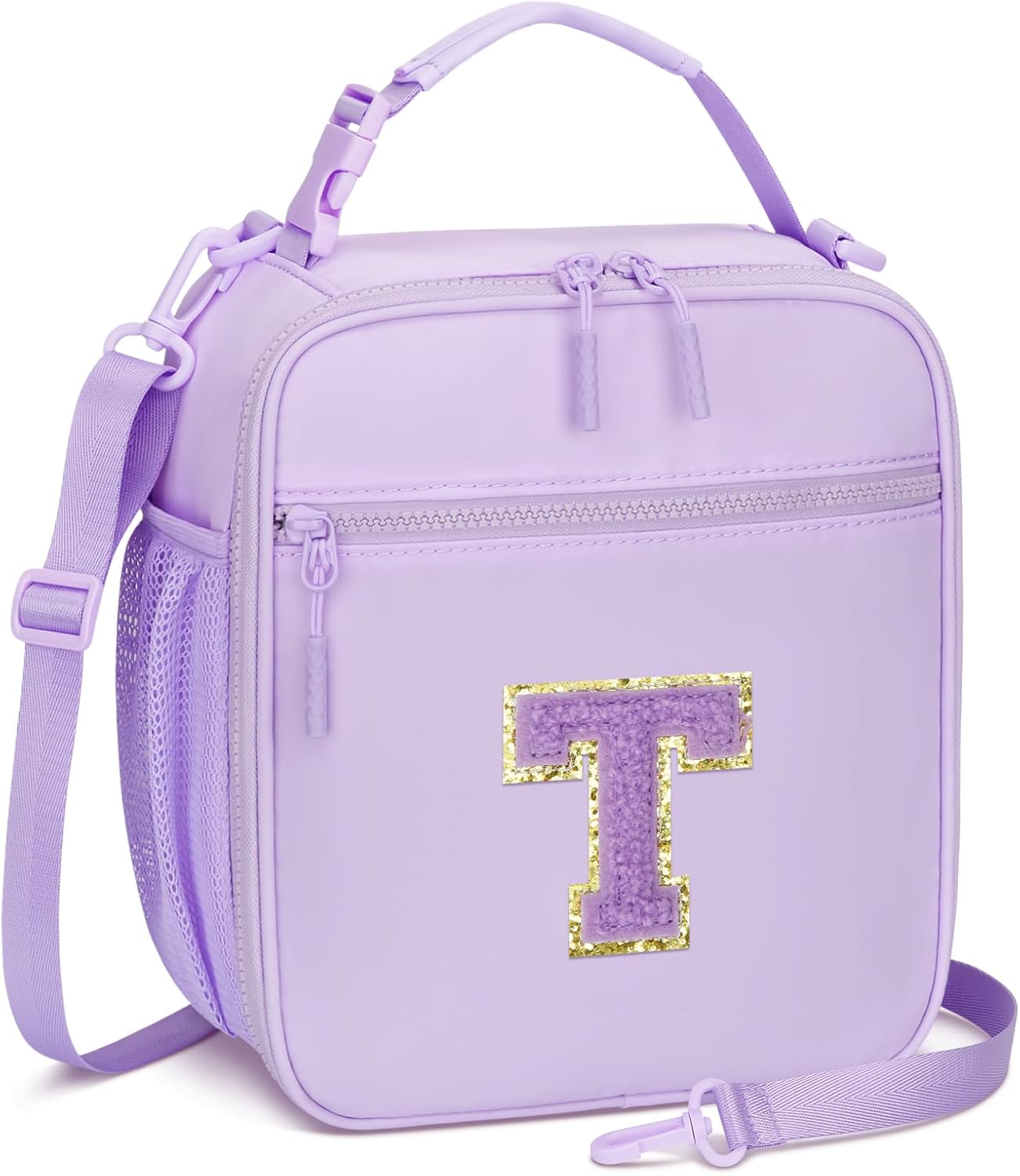 Initial Insulated Lunch Bag for Girls Kids, Back to School Gift, Reusable Leak-proof Lunch Box with Adjustable Strap for School Daycare Travel Picnic (Purple,T)
