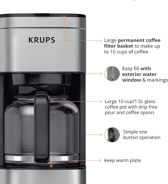 KRUPS Newer Model Drip Coffee Maker, 10-Cup, Silver