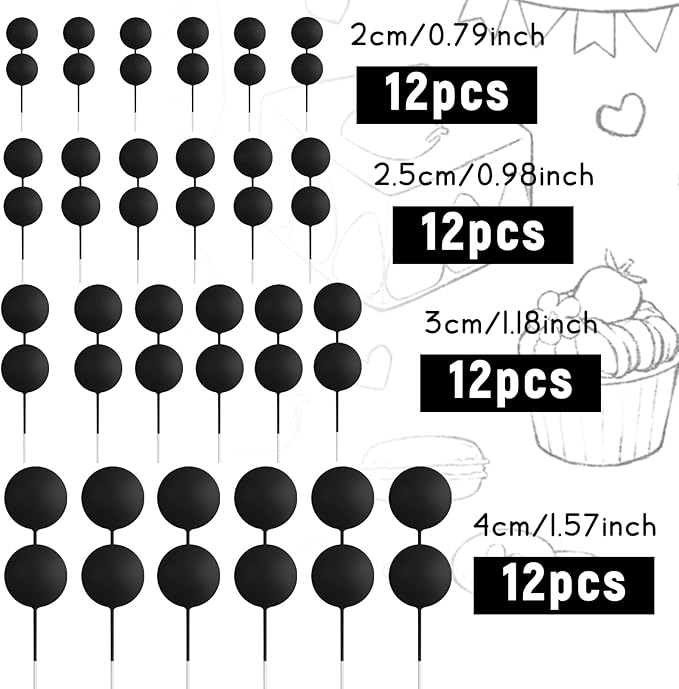 48 Pcs Balls Cake Topper Decorations Balloon Cupcake Toppers Foam Cake Topper Balls Cake Balls Decorations for Birthday Party Wedding Anniversary Cake Decorating (Black)