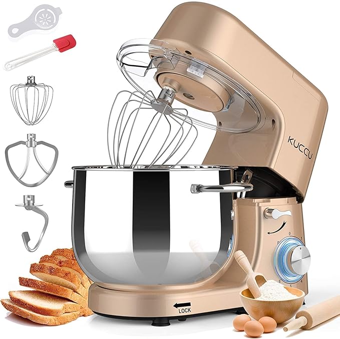 9.5 QT Double Handle KUCCU Stand Mixer, 6 Speed with Pulse Electric Kitchen Mixer, 660W Tilt-Head Food Mixer with Dishwasher-Safe Dough Hook, Flat Beater, Whisk, Splash Guard for home baking (Gold)