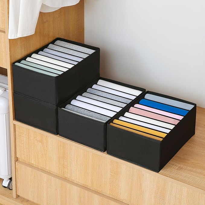 Qozary 4 Pack Drawer Organizers for Clothing, 8 Grids Foldable Closet Organizers and Storage Bins for Bedroom, Dresser Organizer Boxes for Thin T-shirts, Tank Tops (Black, Upgrade Height)