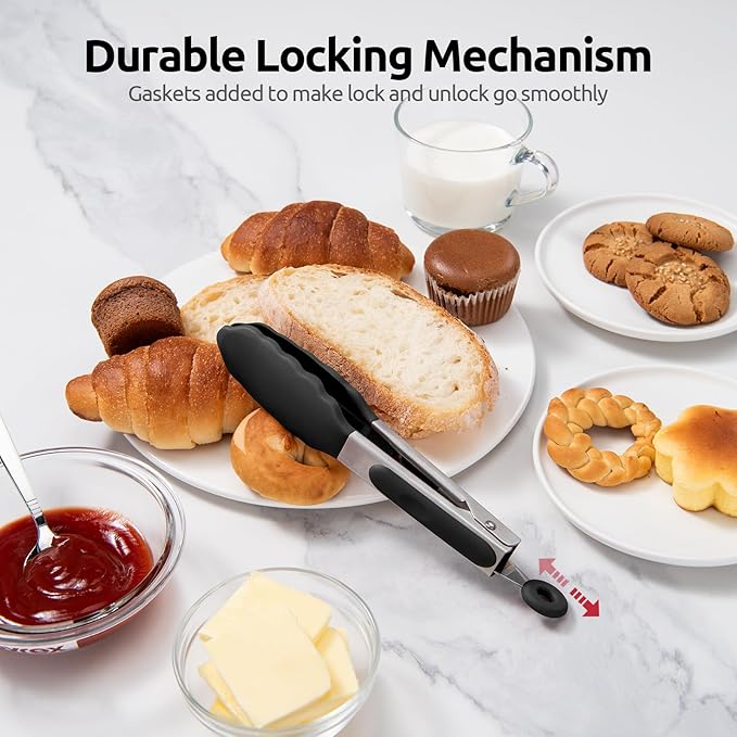 480ºF Heat Resistant Kitchen Tong: U-Taste 7 inch Silicone Cooking Tong with Firm Sealed Non Stick Rubber Tips & Silicon Coated 18/8 Stainless Steel Handle & Smooth Locking for Serving Salad (Black)