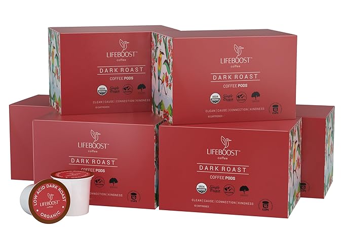 Lifeboost Dark Roast Low Acid Coffee K Cups - Single Origin Mold Free Non-GMO Organic Coffee Pods - Compatible with Keurig & Keurig 2 Machines - 10 Count
