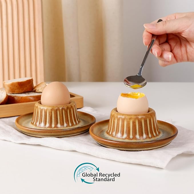 INGOFIN 2 Pcs Ceramic Egg Cups, Soft Boiled Egg Holders Set, Classic Porcelain Stackable, Easy to Clean Tray, Decorative Serving Dish for Breakfast, Easter or Kitchen, Brown