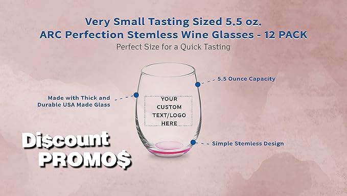 Custom Stemless Wine Glasses by ARC 5.5 oz. Set of 12, Personalized Bulk Pack - Perfect for Hotel, Bar, Restaurant or Lounge - Pink