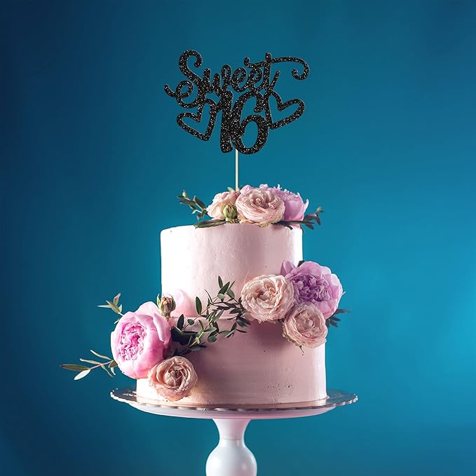 Gyufise 1Pc Sweet Teenager 16 Cake Topper Glitter 16th Birthday Cake Pick for Cheers to 16 Years Old 16th Birthday Party Cake Decorations Supplies Black