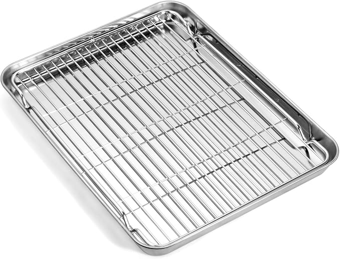 Baking Sheet with Wire Rack Set, Stainless Steel Cookie Sheet Baking Pan Toaster Oven Tray with Cooling Rack, 12.4 x 10 x 1 Inch Quarter Sheet Pan - Non Toxic & Dishwasher Safe