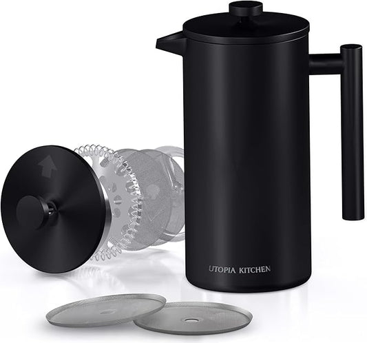 Utopia Kitchen French Press Coffee Maker, Double Wall Insulated Stainless Steel Coffee Press with 4-Level Filtration system, Includes 2 Extra Filters, Rust-Free, Dishwasher Safe (Black, 17 Ounce)
