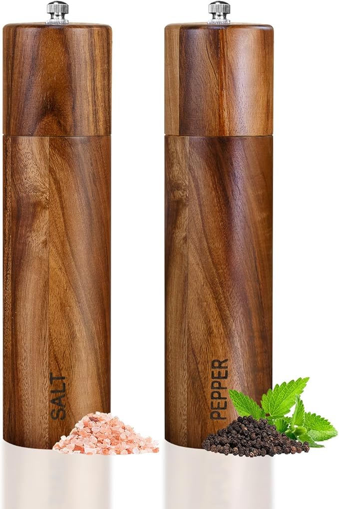 2 Pack Acacia Wooden Salt and Pepper Grinder Set 8 Inches Refillable Salt and Pepper Mills Adjustable Coarseness, Acacia Wood with Ceramic Core Peppercorn Shaker Tableware Birthday Gifts