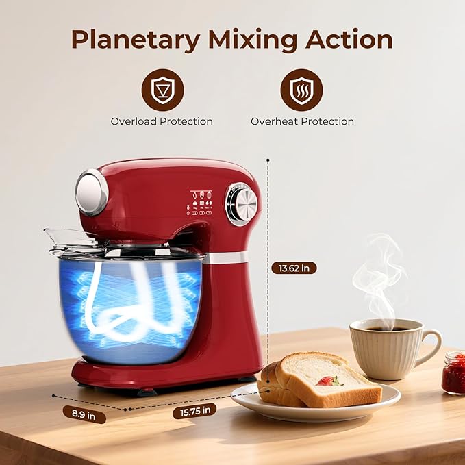 Stand Mixer With 12 Speed,5.3 Quart Electric Mixer With Tilt Head, Kitchen Mixer for Daily Use with Egg Whisk,Dough Hook,Flat Beater, RED