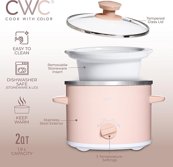 COOK WITH COLOR 2QT Mini Electric Round Slow Cooker - Adjustable Settings, Removable Stoneware Pot, Tempered Glass Lid, Dishwasher Safe, Cool-Touch Side Handles, Dusty Rose