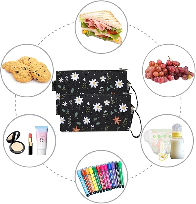 Reusable Sandwich Bag/Snack Bag for Kids & Adults, Dual Layer Lunch Bag with Handle, Washable, Food Safe, BPA Free (2-Pack, Daisy)