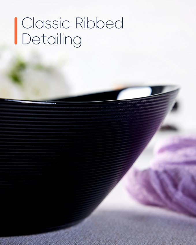 66 OZ Salad Bowl Set of 2, Opal Glass 10 inch Lightweight Serving Dishes for Salad, Fruit, Kitchen Microwave & Dishwasher Safe, Oval Shape Black