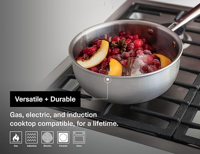 Misen 5-Ply Stainless Steel Saucier with Lid– Induction-Compatible Pan with Curved Sides for Smooth Stirring - Oven Safe to 800F – Even Heat Distribution & Ergonomic Handle - 2 QT