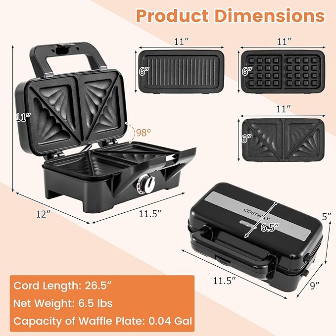 COSTWAY 1200W Waffle Maker with Removable Non-Stick Plates, Panini Grill Press with 5-Gear Temperature Control, 3-in-1 Sandwich Maker for Breakfast