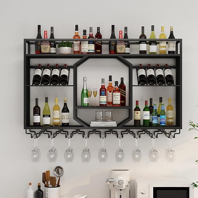 Wall Mounted Wine Rack, 3-Tiers Metal Bar Bottle Holder, Modern Wine Glass Storage Display Shelves, Wall Wine Rack for Kitchen Bar Dining Rooms Decoration ﻿ (Black, 63in/160cm)