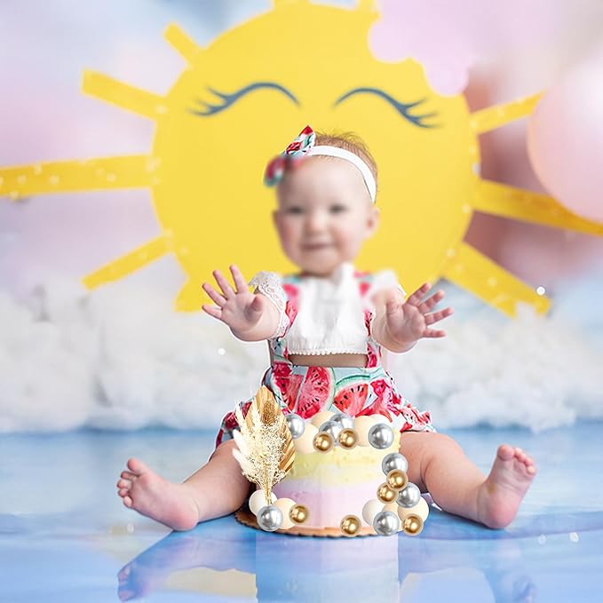 Gyufise 21 Pack Flower Boho Cake Topper Ball Cake Decorations Palm Leaves Plants Cake Decor for Girl Bohemian Princess Theme Wedding Baby Shower Birthday Party Supplies Gold White