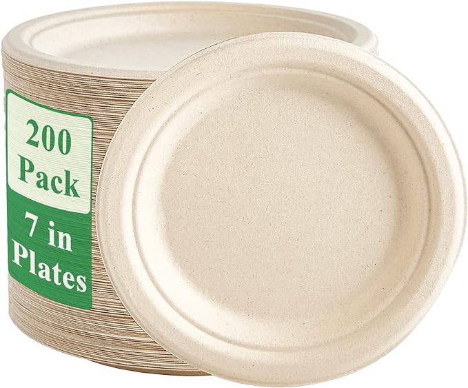 Vplus 200 Pack Paper Plates 7 inch 100% Compostable, Heavy-Duty Disposable Paper Plates Bagasse Natural Biodegradable Eco-Friendly Sugarcane