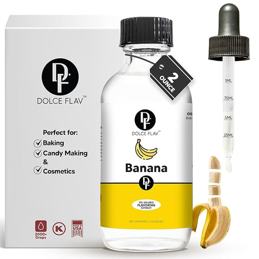 Dolce Flav Banana Extract – 2 Ounce Oil-Soluble Kosher, Sugar-Free, Concentrated Ripe Banana Flavoring for Baking, Smoothies & Ice Cream, Includes Measured Dropper