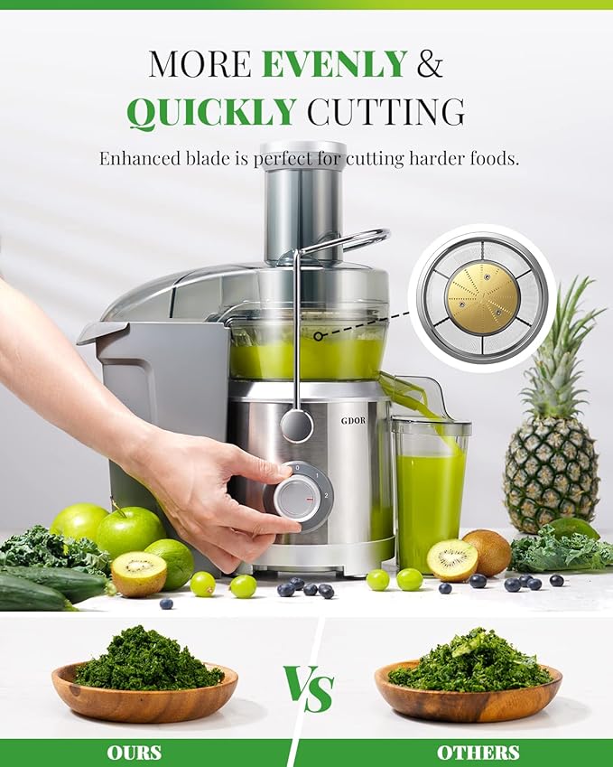 GDOR 1300W 【Extra Large】 Juicer Machines with Larger 3.2” Feed Chute, Titanium Enhanced Cut Disc Centrifugal Juice Extractor, Full Copper Motor Heavy Duty for Whole Fruit and Vegetable, Silver, XL