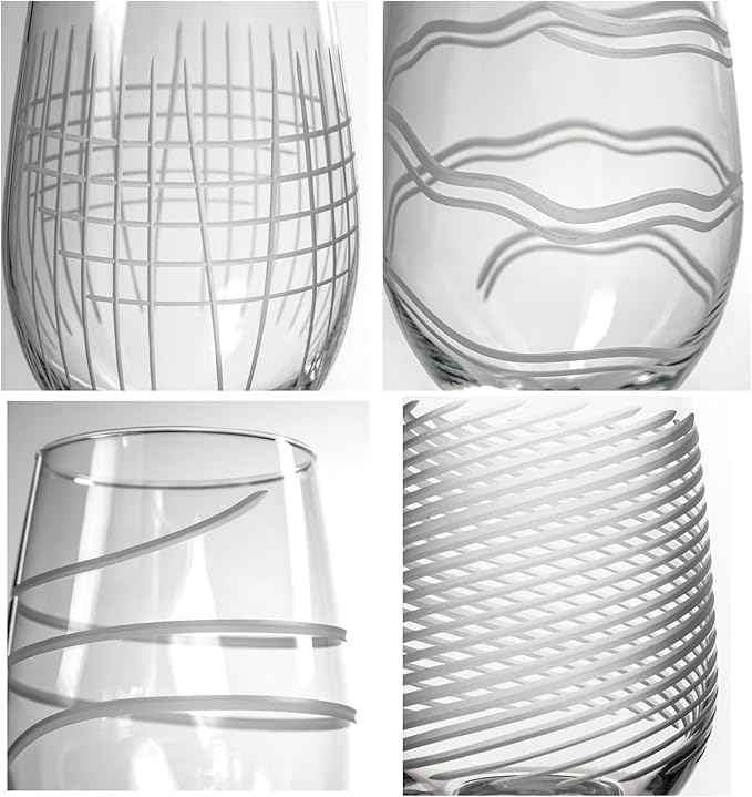 Rolf Glass Symmetry All Purpose Wine Glass | 18oz Large Wine Glasses | Proudly Made in the USA | Mixed Contemporary Designs - Twist, Cyclone, Matchstick, Good Vibrations | Set of 4