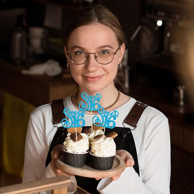 Gyufise 24 Pack 16th Birthday Cupcake Toppers Glitter Sixteen Happy Sweet 16 Cupcake Picks Cheers to 16 Years Old Cupcake Decorations for 16th Birthday Anniversary Party Supplies Light Blue