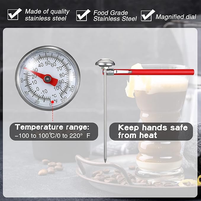Xuhal 12 Pcs Stainless Steel Kitchen Thermometer with 5 Inch Long Stem 1 Inch Dial Thermometer Milk Frothing Food for Oven Probe Meat Grill BBQ Cooking Chocolate Water (Red)
