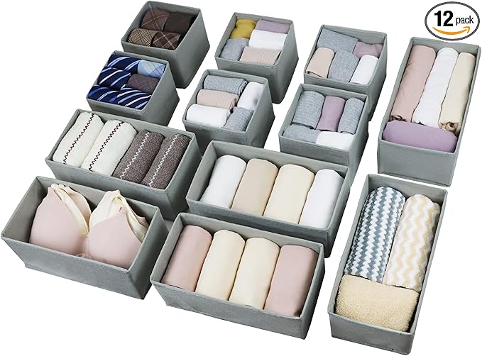 Set of 12 Drawer Organizer, Fabric Closet Organizer and Storage Baskets,Foldable Drawer Divider for Clothing,Sock,Ties,Underwear Drawer Organizers,Set of Cabinet Storage Boxes (Gray)