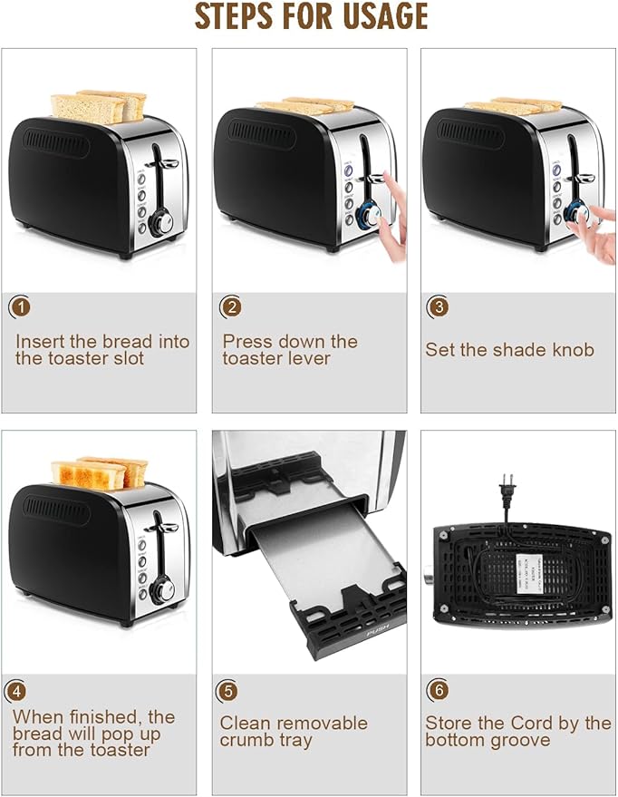 Toaster 2 Slices, Stainless Steel JEWJIO Retro Toaster with 1.5" Extra Wide Slot for 6 Bread Shades Setting/Bagel/Defrost/Reheat/Cancel Function/Removable Crumb Tray 800W, Matte Black