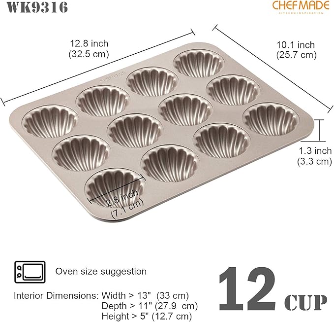CHEFMADE Madeleine Mold Cake Pan, 12-Cavity Non-Stick Spherical Shell Madeline Bakeware for Oven Baking (Champagne Gold)