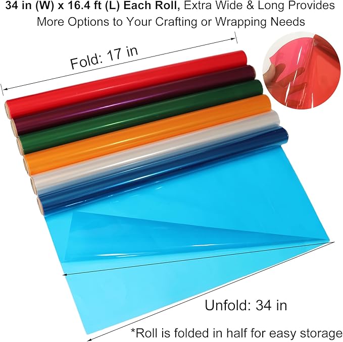 SYOGUA Transparent Colored Cellophane Wrap Roll - 6 Colors, 34 in x 16.4 ft Cellophane Paper Rolls - Red, Purple, Green, Gold, Blue, Clear Cellophane Wrap for Gift Baskets, Treats Wrapping, Crafts